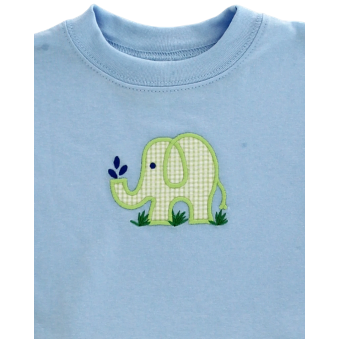 That Store light blue cotton t-shirt featuring a green gingham elephant appliqué with blue water droplets