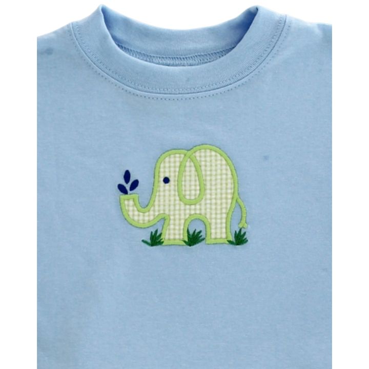 That Store light blue cotton t-shirt featuring a green gingham elephant appliqué with blue water droplets