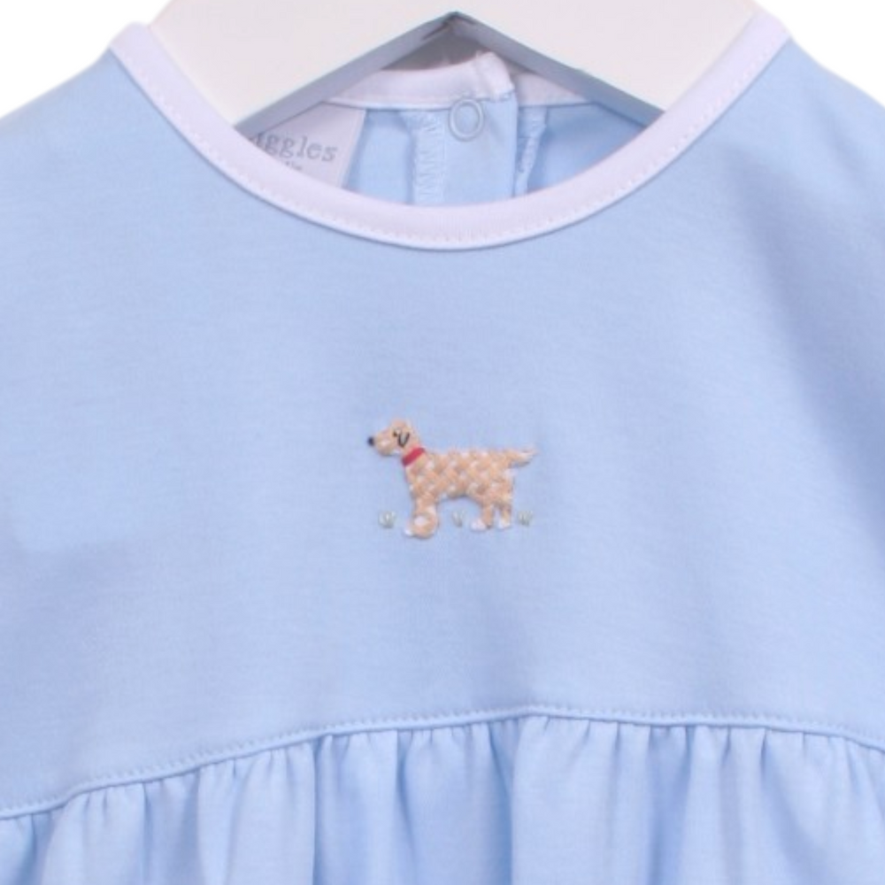 That Store light blue Pima cotton boys bubble featuring a small embroidered dog detail on the chest