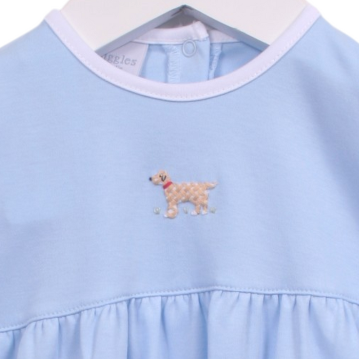 That Store light blue Pima cotton boys bubble featuring a small embroidered dog detail on the chest