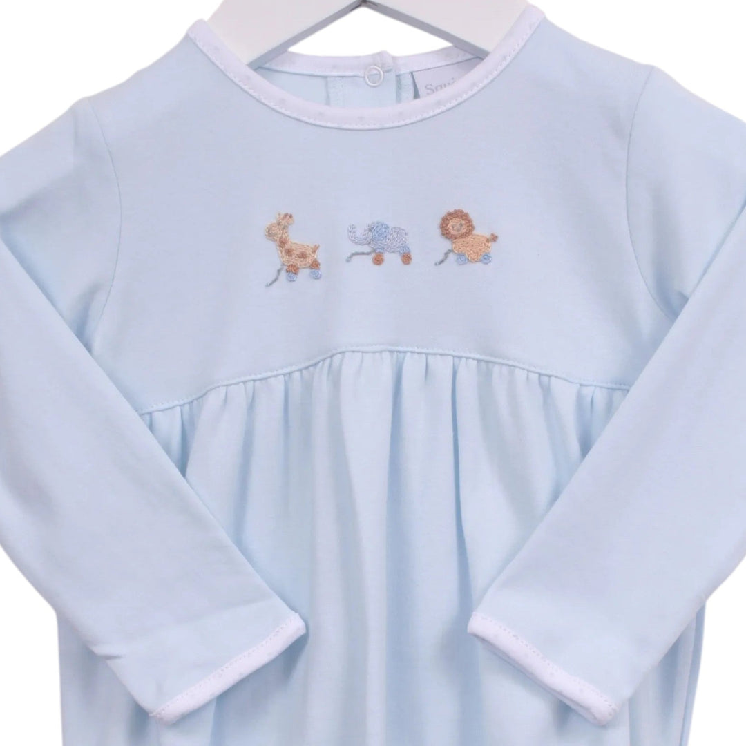 That Store boys blue Pima cotton bubble featuring embroidered giraffe, elephant, and lion pull toy designs.