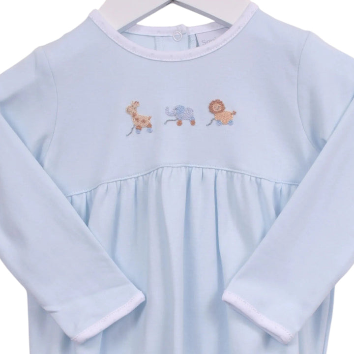 That Store boys blue Pima cotton bubble featuring embroidered giraffe, elephant, and lion pull toy designs.