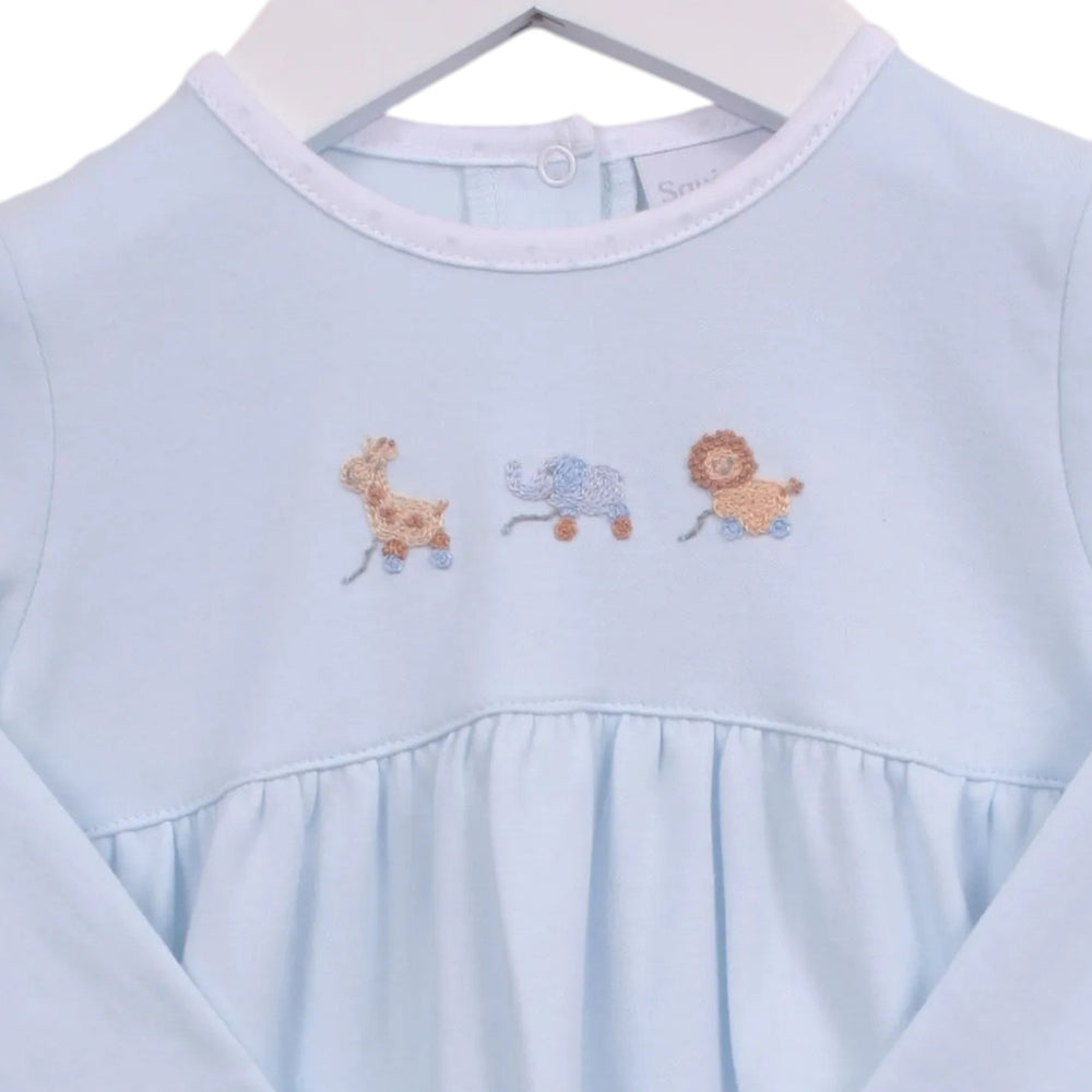 That Store blue Pima cotton boys bubble featuring embroidered giraffe, elephant, and lion pull toy designs.