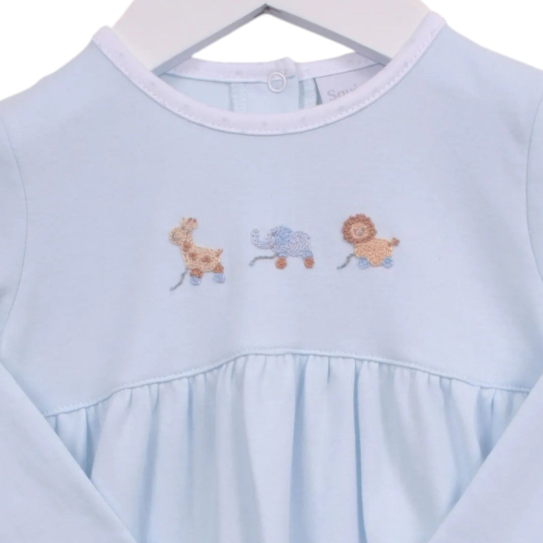 That Store blue Pima cotton boys bubble featuring embroidered giraffe, elephant, and lion pull toy designs.