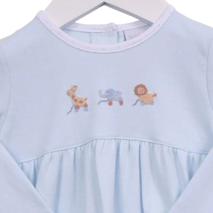 That Store blue Pima cotton boys bubble featuring embroidered giraffe, elephant, and lion pull toy designs.