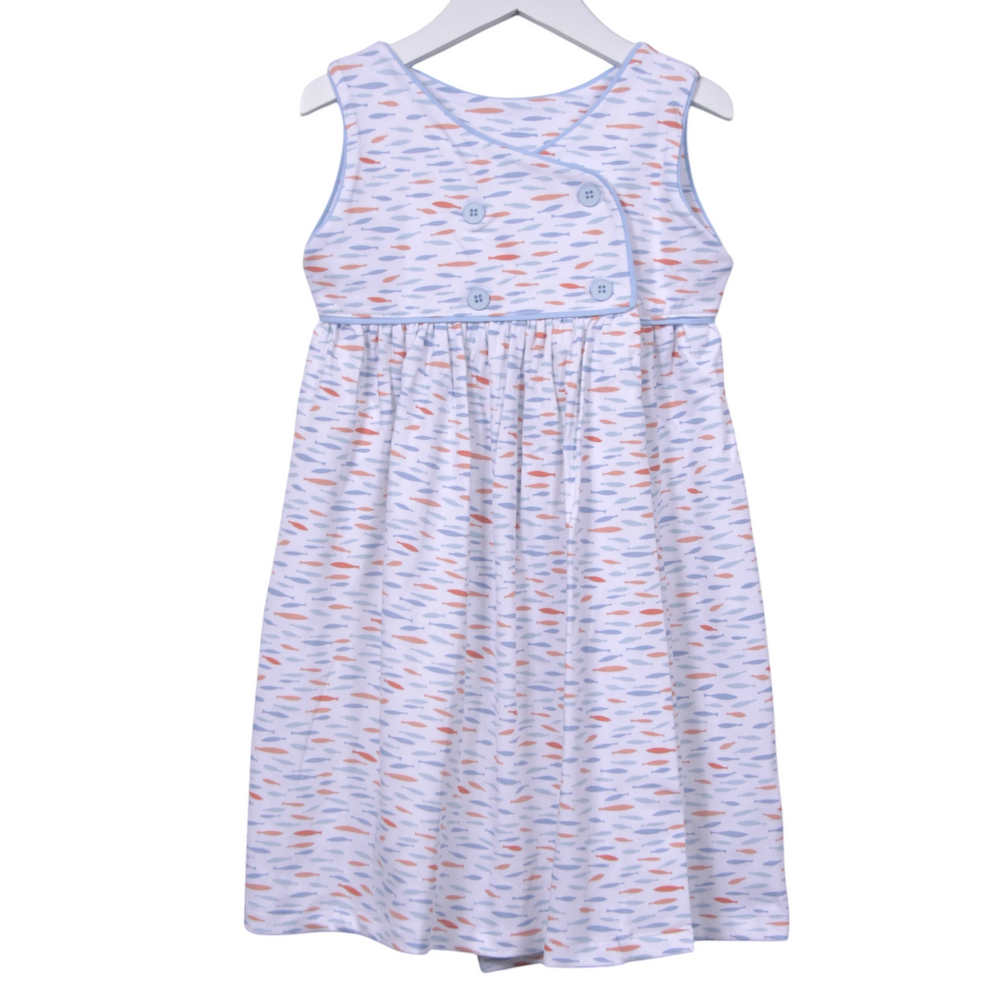 That Store girls blue and orange fish print Pima cotton dress with blue piping and button back detail