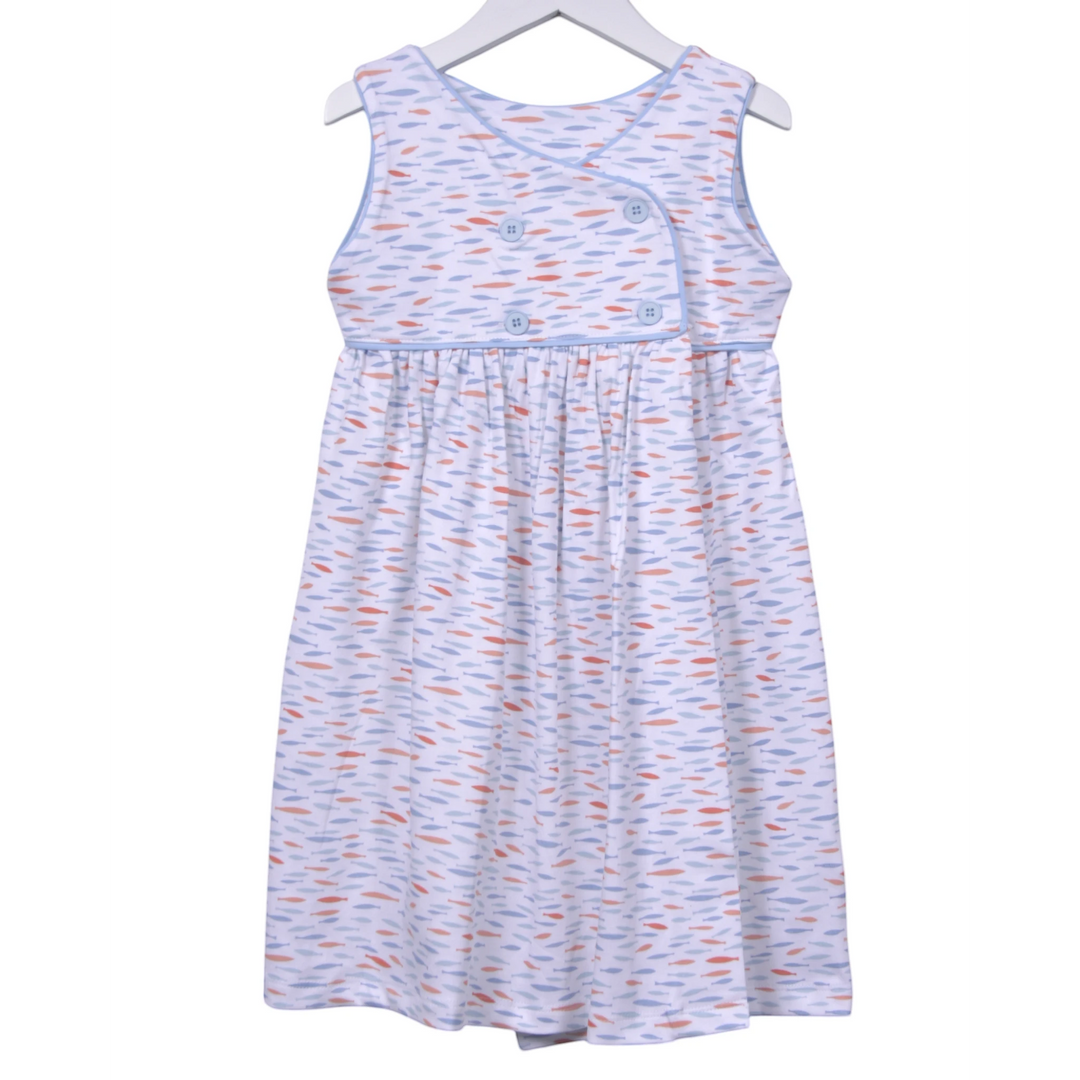 That Store girls blue and orange fish print Pima cotton dress with blue piping and button back detail