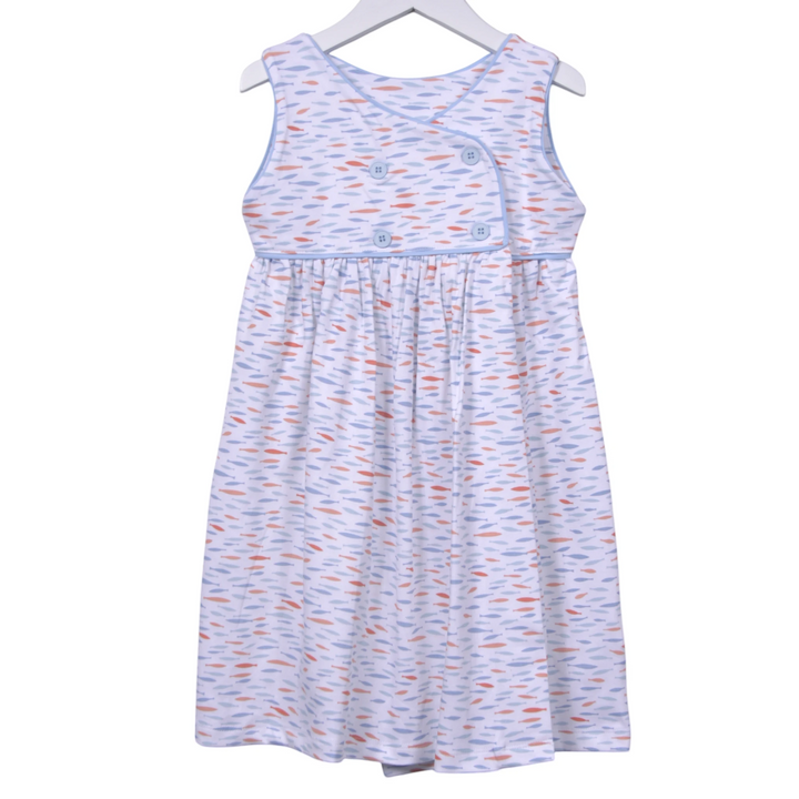That Store girls blue and orange fish print Pima cotton dress with blue piping and button back detail