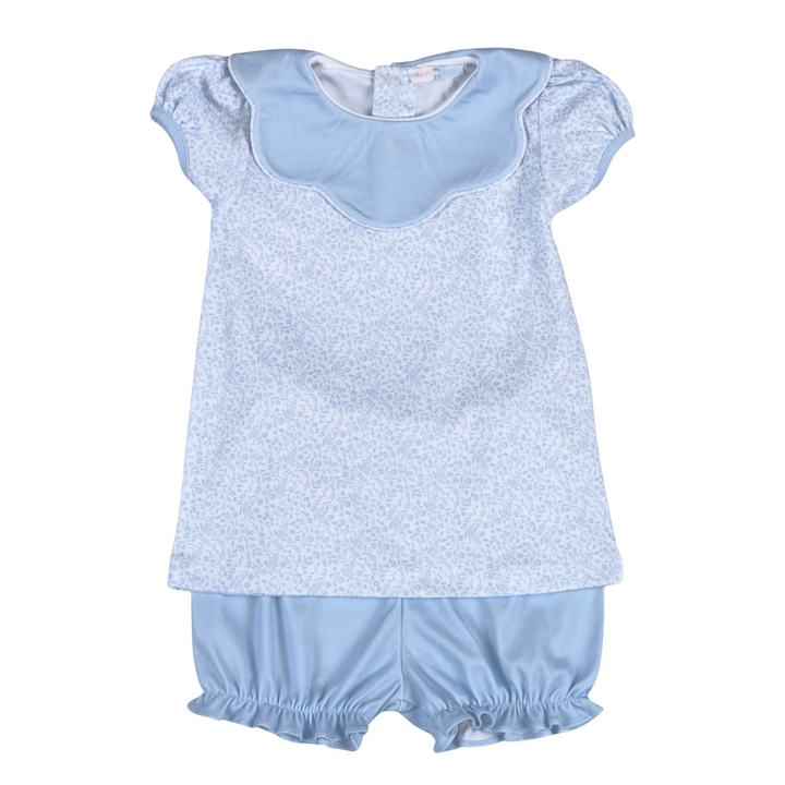 That Store girls bloomer set in blue floral print made from soft 100% Pima cotton with a scalloped collar top.