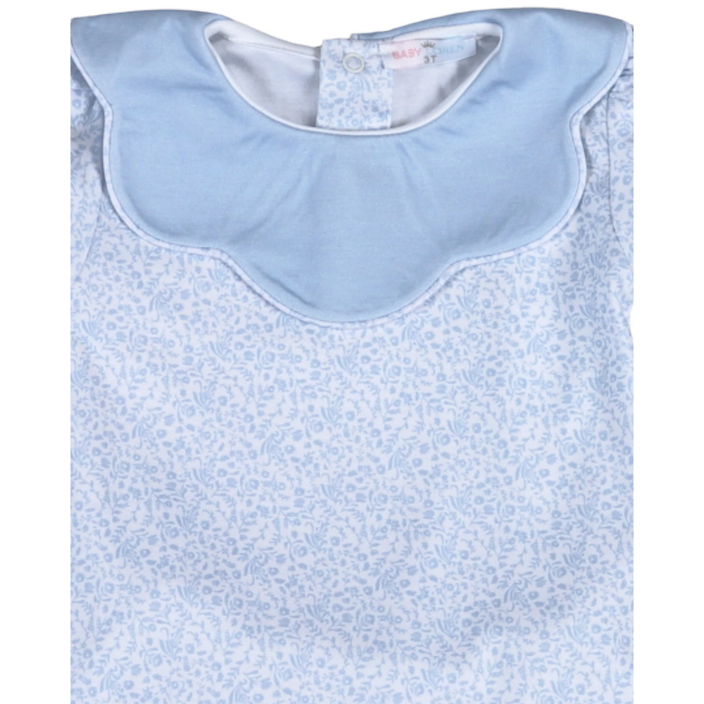 That Store girls bloomer set in blue floral print 100% Pima cotton with a scalloped collar detail