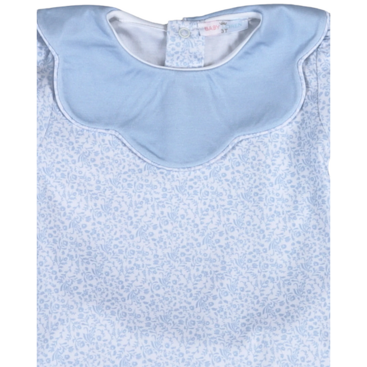 That Store girls bloomer set in blue floral print 100% Pima cotton with a scalloped collar detail