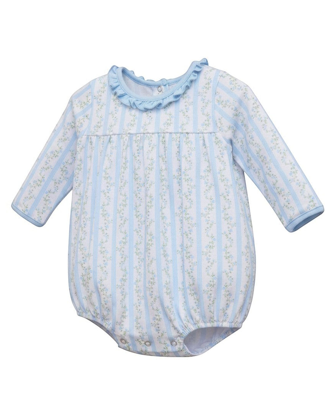 That Store girls blue floral striped cotton bubble with a ruffled collar and long sleeves.