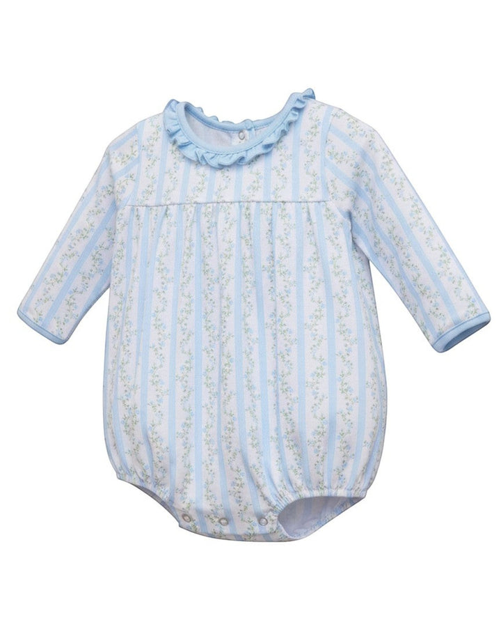 That Store girls blue floral striped cotton bubble with a ruffled collar and long sleeves.