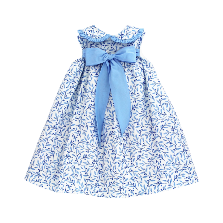 That Store blue floral cotton float dress with a ruffled collar and large satin bow detail on the back