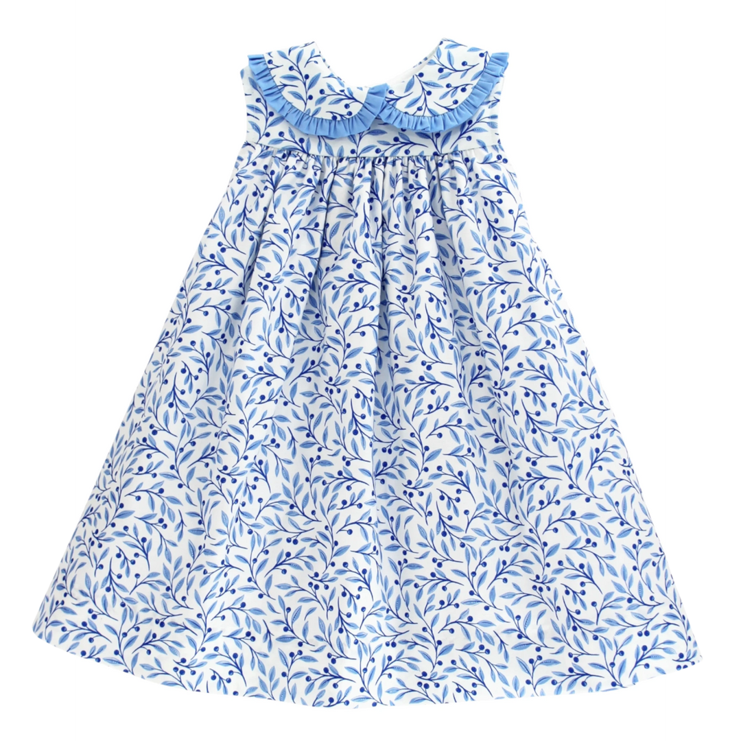 That Store Summer Breeze floral float dress in blue and white cotton with a ruffled collar and A-line silhouette.