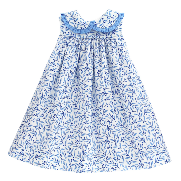 That Store Summer Breeze floral float dress in blue and white cotton with a ruffled collar and A-line silhouette.