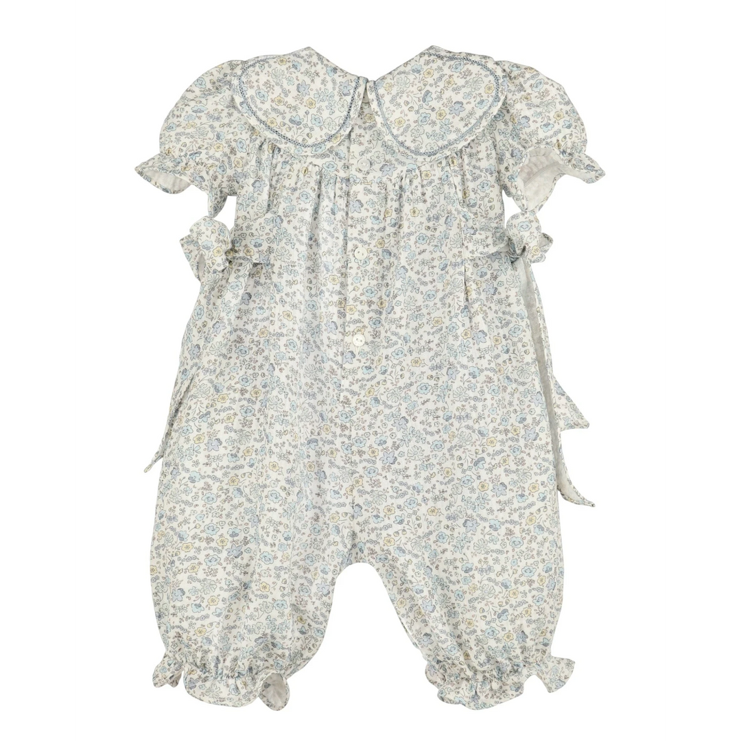That Store blue floral longall for girls featuring a petal-inspired collar and ruffled puff sleeves.