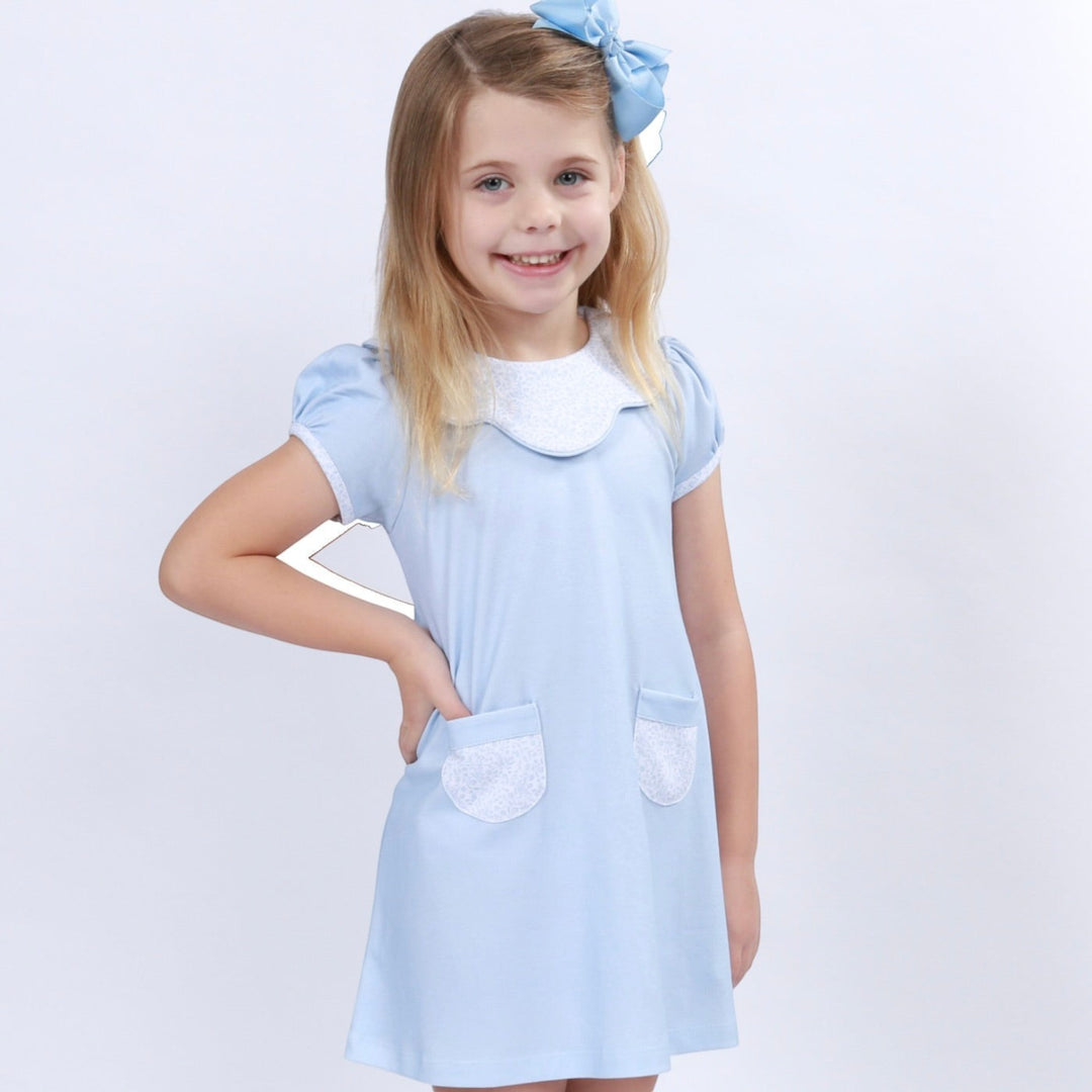 Young girl wearing a That Store light blue Pima cotton dress with a floral collar, pockets, and matching hair bow.