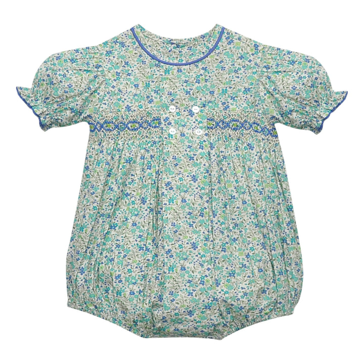 That Store girls smocked bubble in blue floral print with puff sleeves and button details