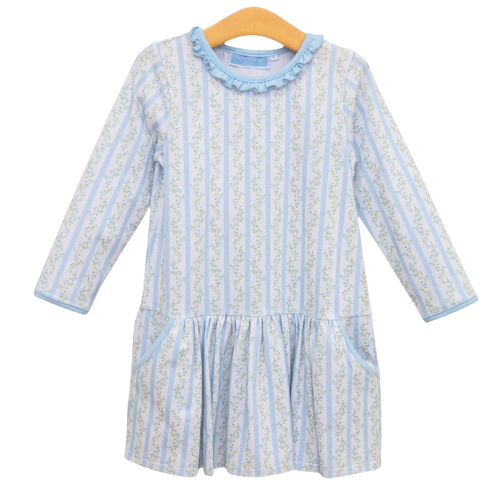 That Store Vineyard Blooms blue floral striped long-sleeve dress with a ruffled collar and drop waist silhouette.