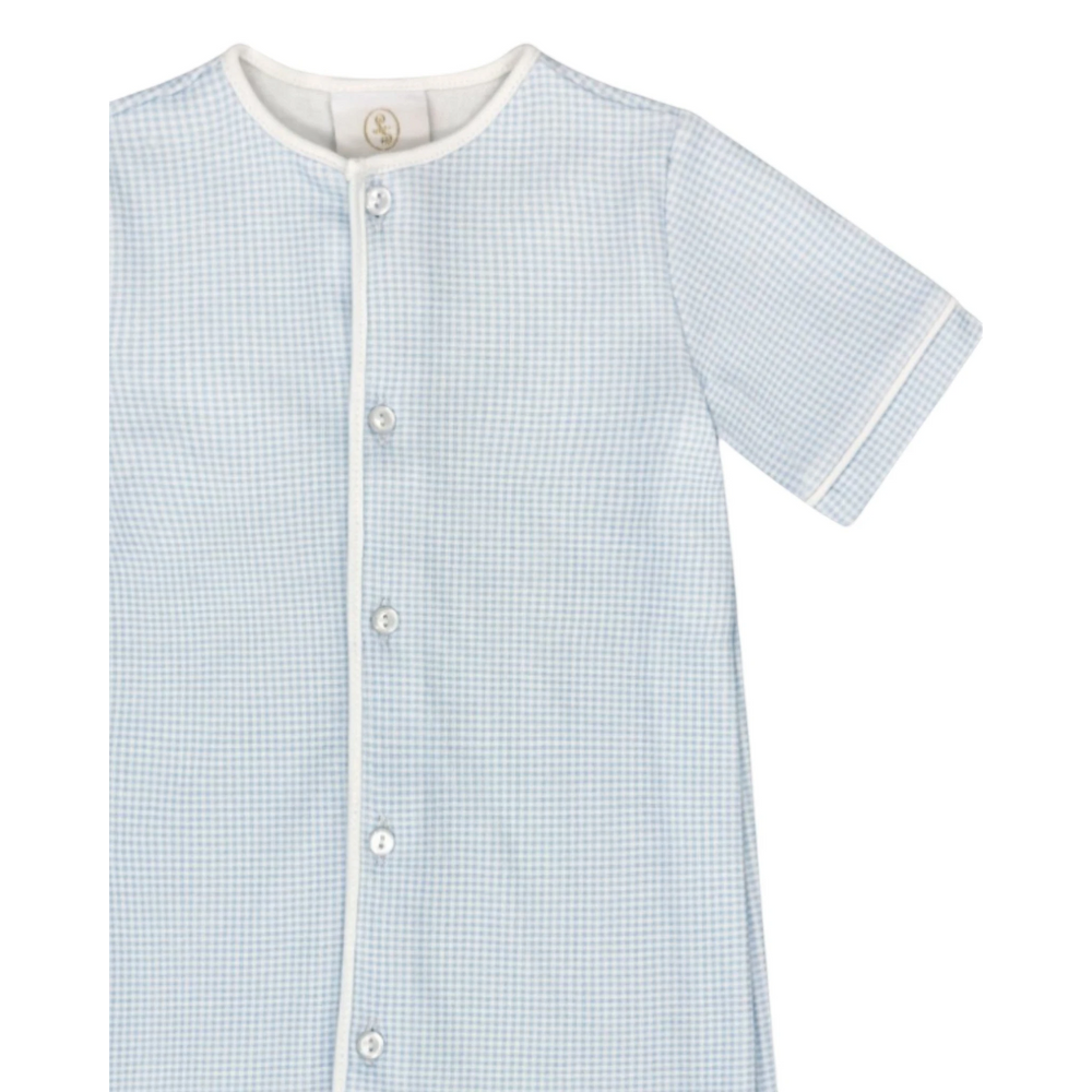 That Store baby boy daygown in blue mini gingham with white piping and front button closure