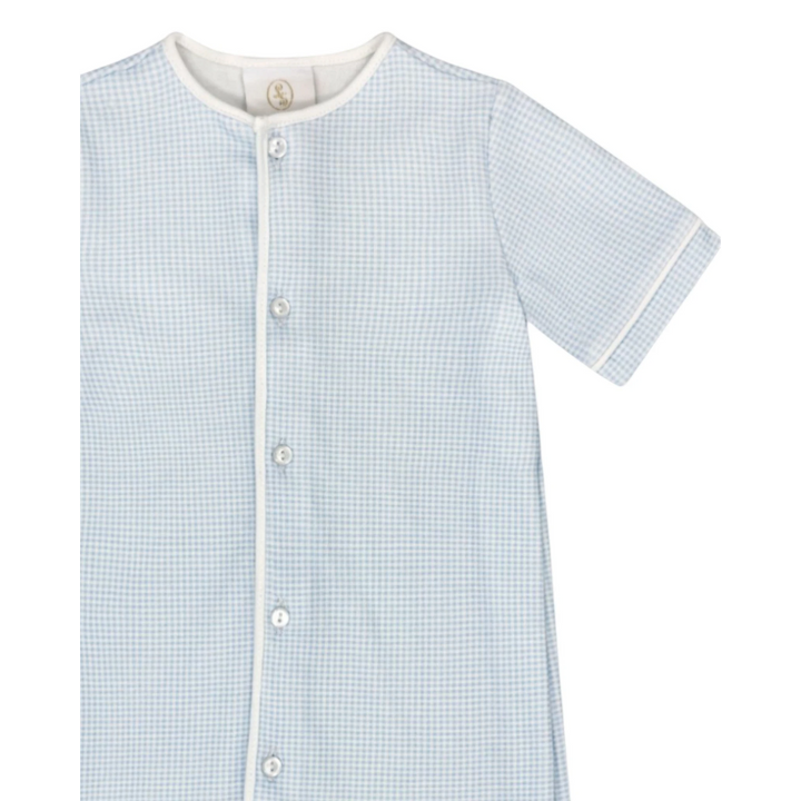 That Store baby boy daygown in blue mini gingham with white piping and front button closure
