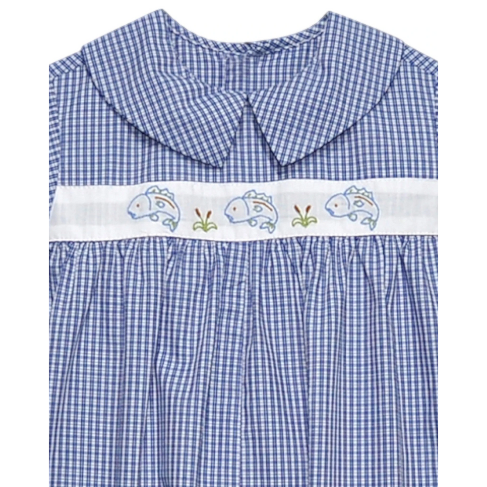 That Store blue gingham boys romper featuring a white chest panel with embroidered bass fish and reed details.