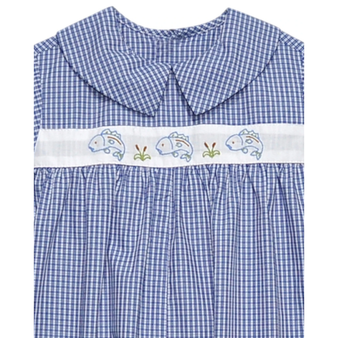 That Store blue gingham boys romper featuring a white chest panel with embroidered bass fish and reed details.