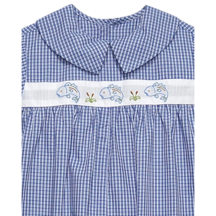 That Store blue gingham boys romper featuring a white chest panel with embroidered bass fish and reed details.