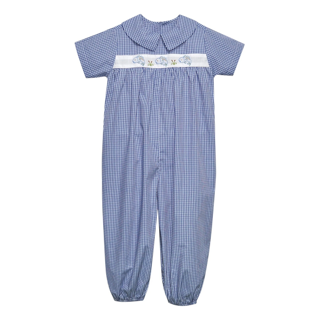 That Store blue gingham boys romper featuring a peter pan collar and embroidered bass fish detail on the chest.