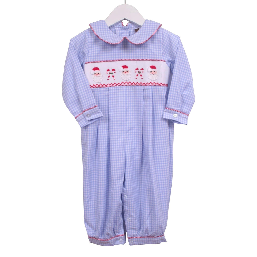 That Store blue gingham boys bubble longall with smocked Santa and candy cane detail and red trim Peter Pan collar