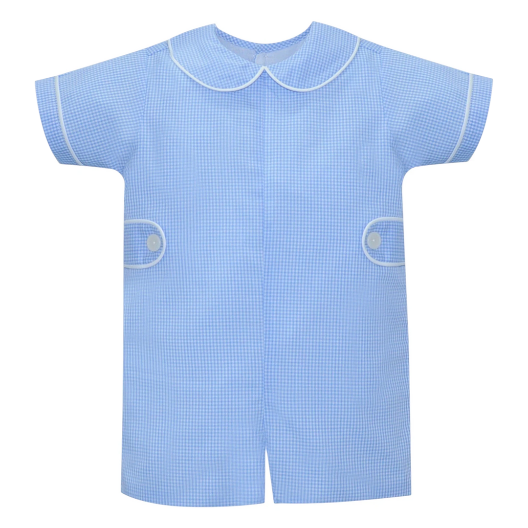 That Store blue gingham boys romper with a peter pan collar, white piping, and side tab button details.