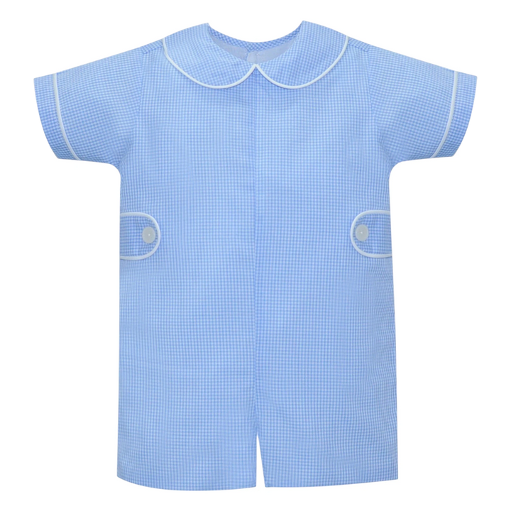 That Store blue gingham boys romper with a peter pan collar, white piping, and side tab button details.