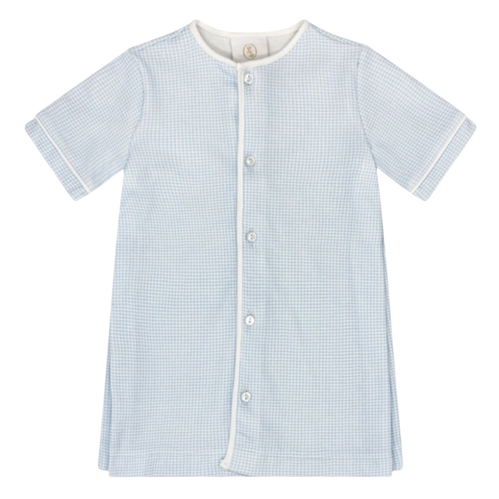 That Store baby boy daygown in blue gingham with white piping and front button closure