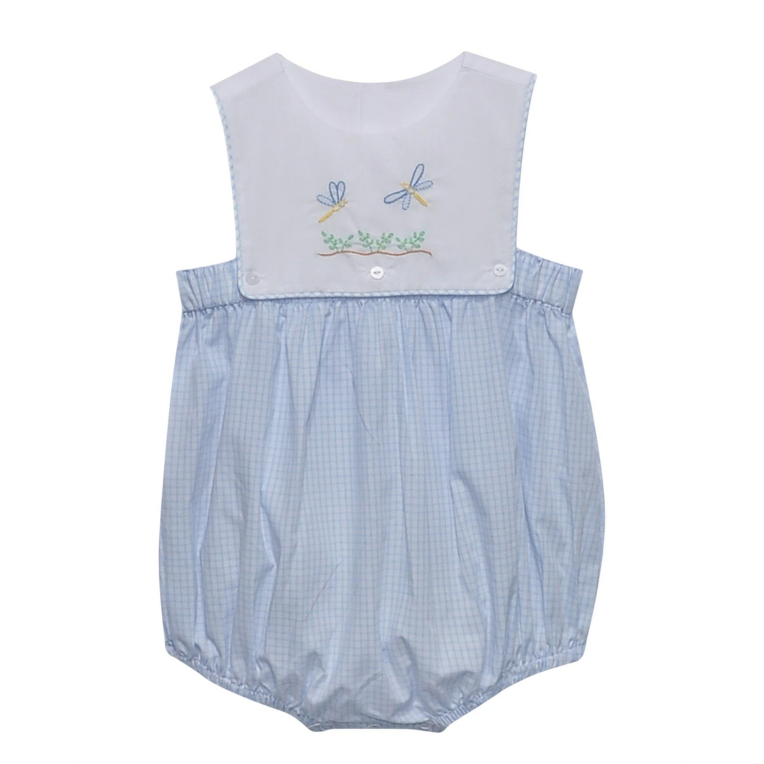 That Store blue gingham bubble romper for boys featuring embroidered dragonflies on a white chest panel.