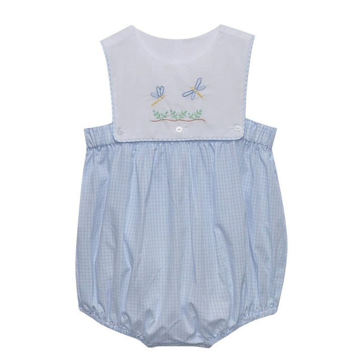 That Store blue gingham bubble romper for boys featuring embroidered dragonflies on a white chest panel.