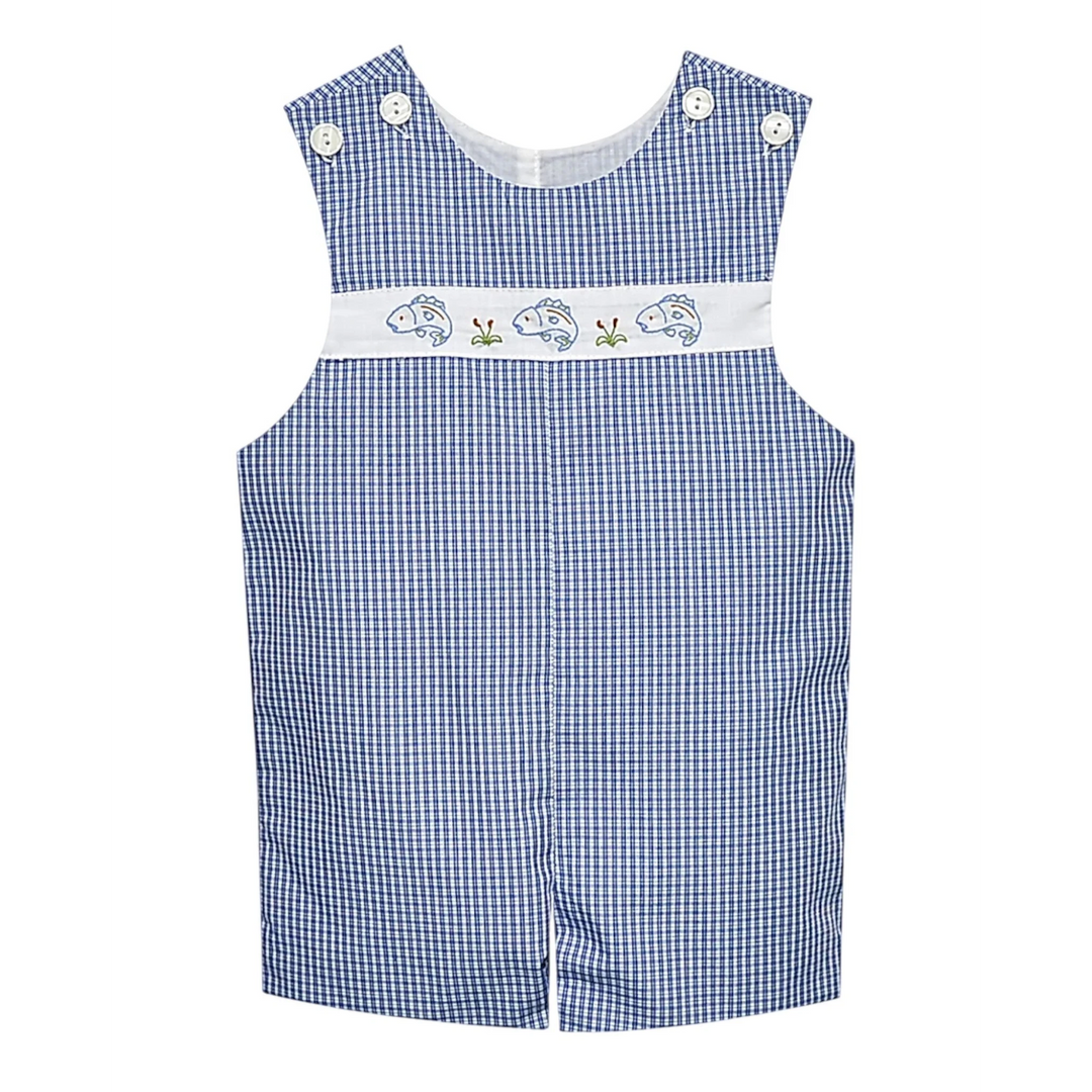 That Store boys shortall in Hayes blue gingham with white chest panel featuring embroidered bass fish details