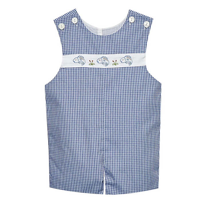 That Store boys shortall in Hayes blue gingham with white chest panel featuring embroidered bass fish details