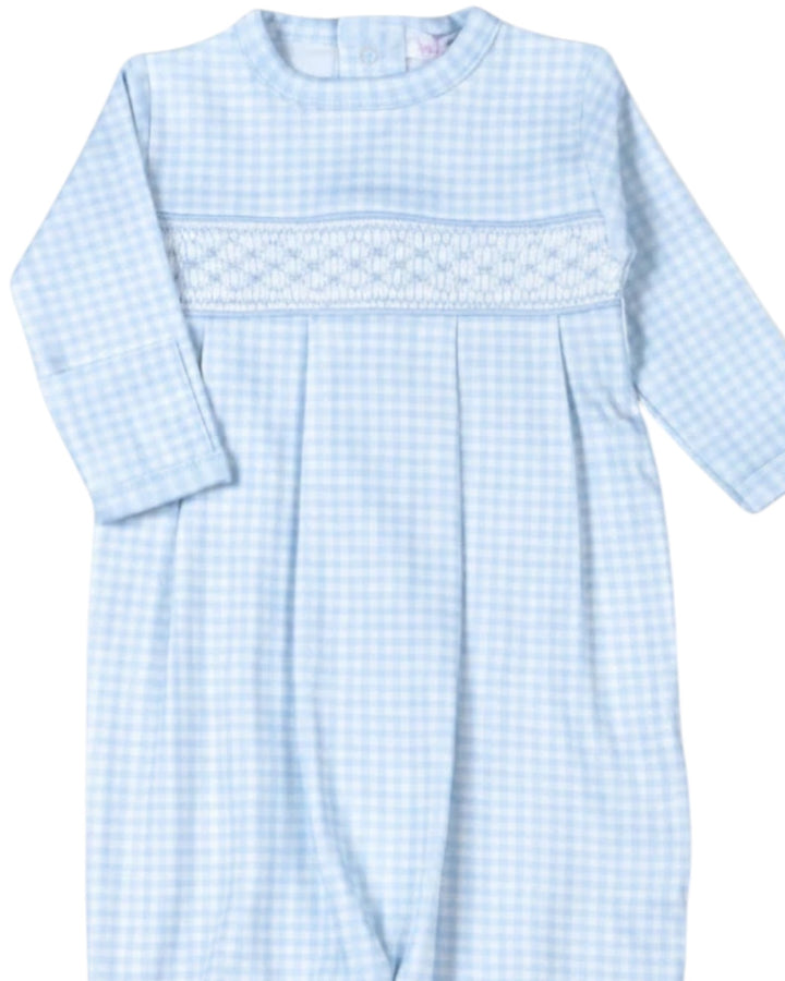That Store blue gingham Pima cotton baby converter with delicate geometric hand-smocked chest detailing.