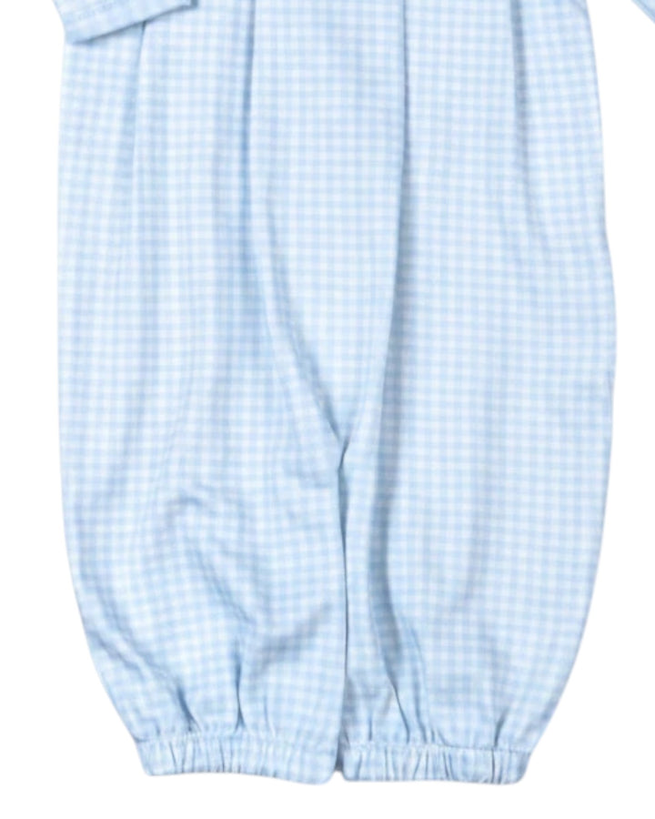That Store blue gingham Pima cotton baby converter gown with geometric hand-smocked chest detail and long sleeves.