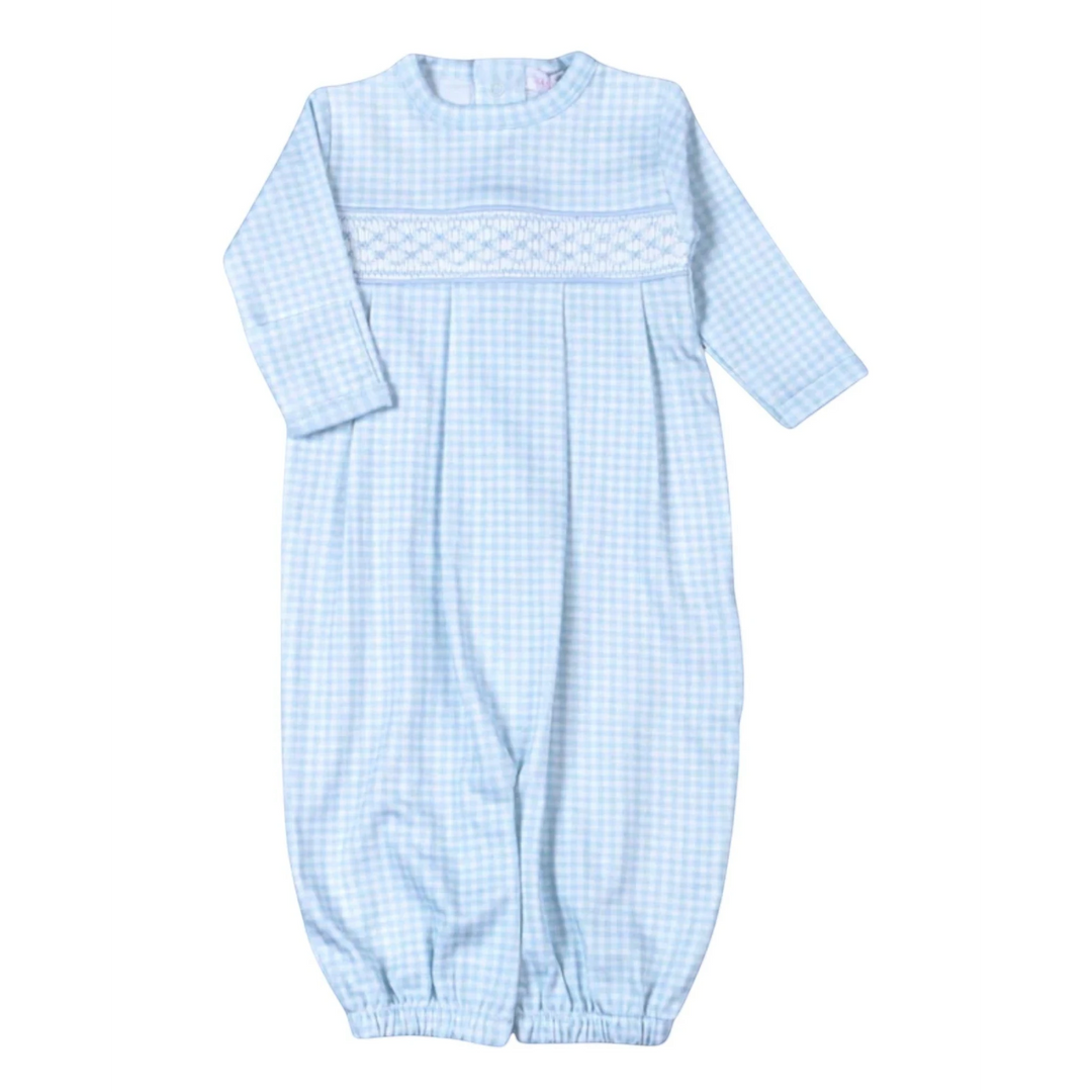 That Store blue gingham Pima cotton baby converter gown with geometric hand-smocked chest detail and long sleeves.