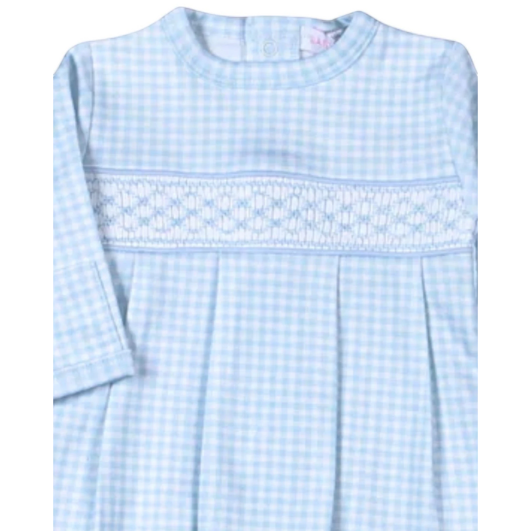 That Store blue gingham Pima cotton baby converter with delicate geometric hand-smocked chest detail and long sleeves.