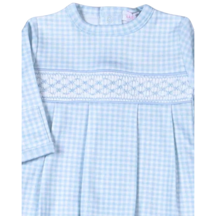 That Store blue gingham Pima cotton baby converter with delicate geometric hand-smocked chest detail and long sleeves.