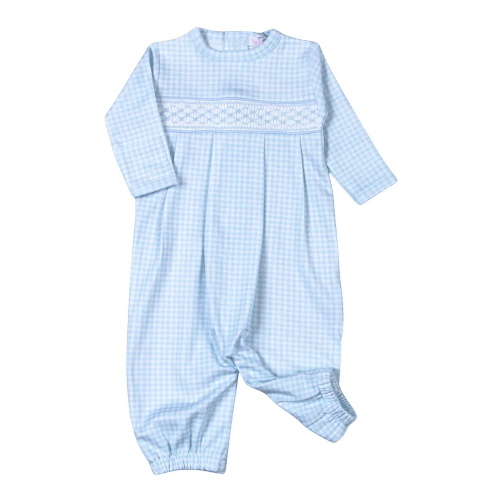 That Store blue gingham Pima cotton baby converter with geometric hand-smocked chest detail and long sleeves
