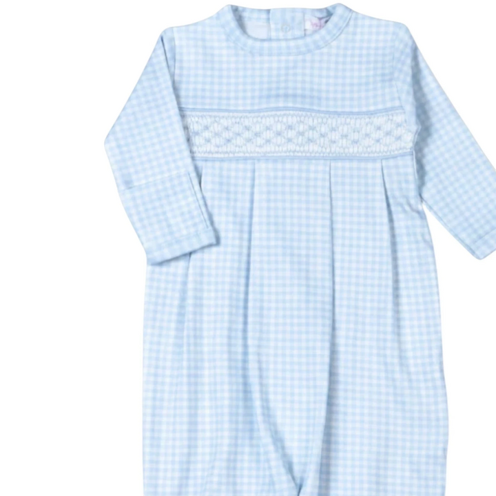 That Store blue gingham Pima cotton baby converter gown with delicate geometric hand-smocked chest detailing.