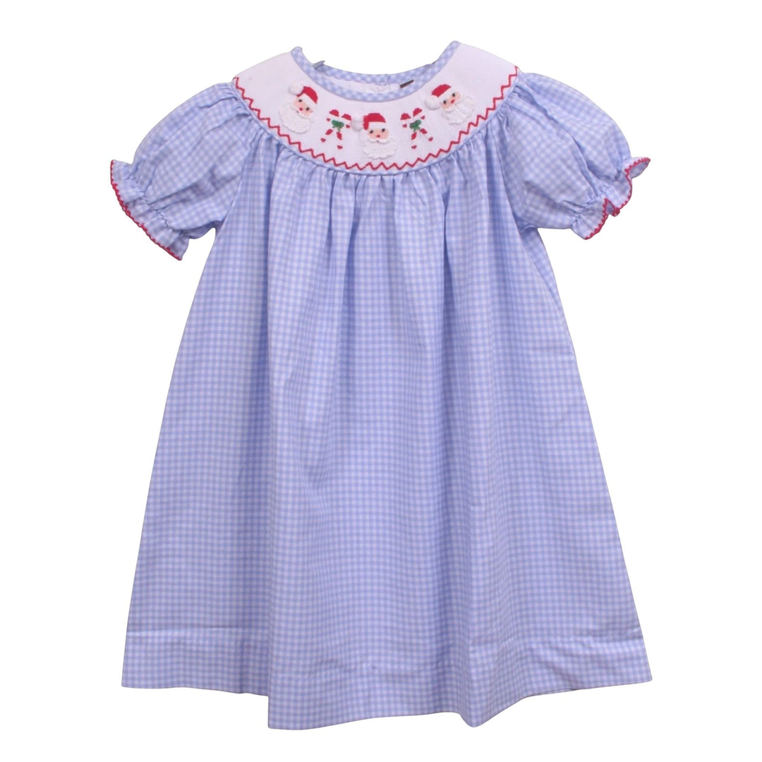 That Store blue gingham bishop dress with smocked Santa and candy cane embroidery and red-trimmed puff sleeves.