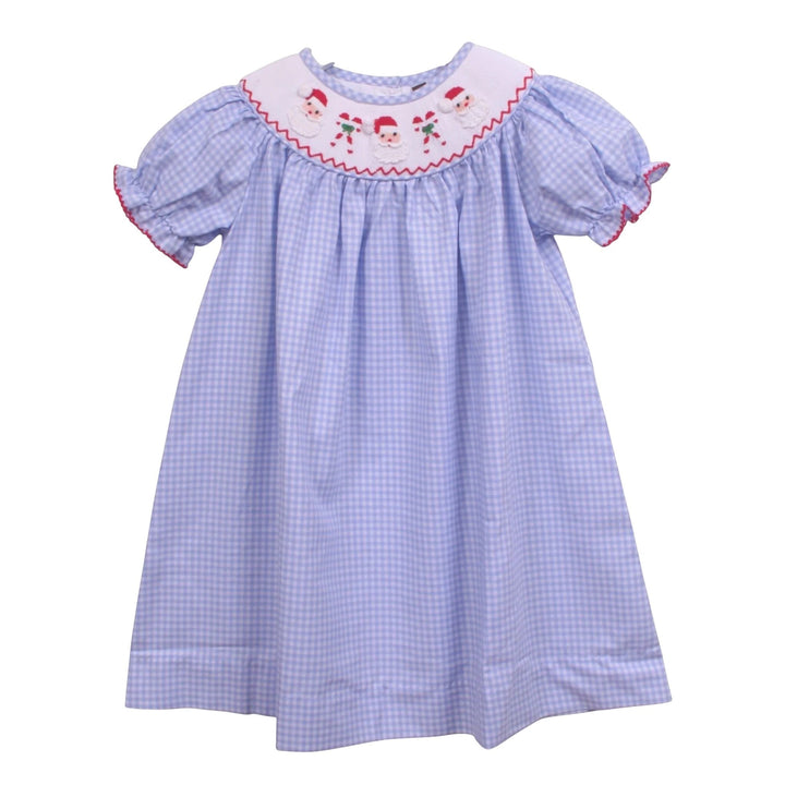 That Store blue gingham bishop dress with smocked Santa and candy cane embroidery and red-trimmed puff sleeves.