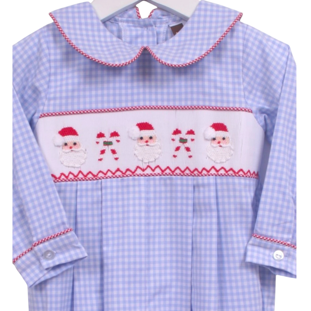 That Store blue gingham boys bubble longall with smocked Santa and candy cane embroidery and red trim Peter Pan collar