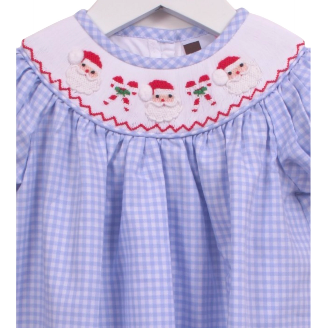 That Store blue gingham bishop dress with smocked Santa and candy cane embroidery and red trim on puff sleeves