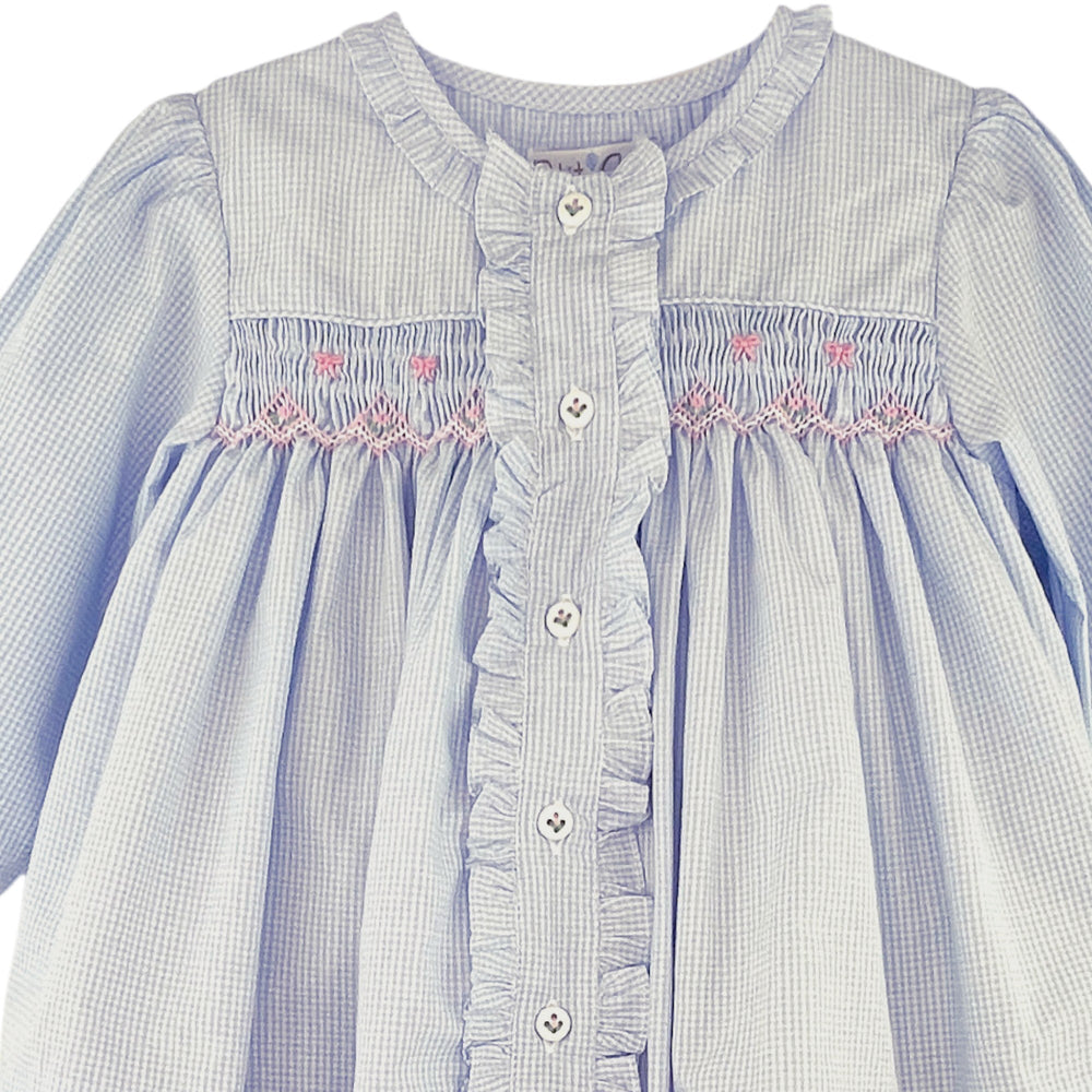 That Store girls blue gingham pant set featuring pink smocked bows and a ruffled button-down front.
